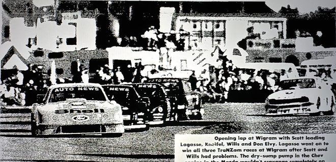 Opening lap at Wigram, January 1993: Scott leads Lagasse, Kneifel, Wills and Don Elvy