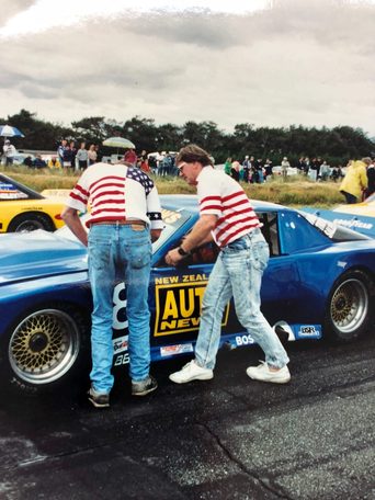 Bruce Jenner at the door of the #8 Pontiac as Scott Lagasse gets in at Wigram